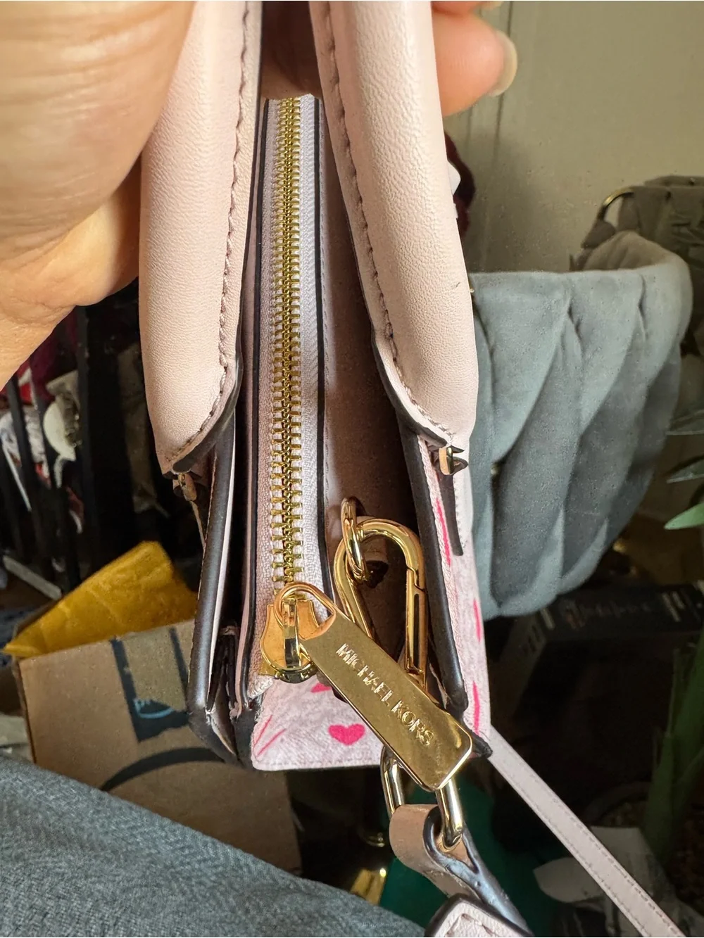 Michael Kors Pink Heart-Print Satchel with Gold MK Charm